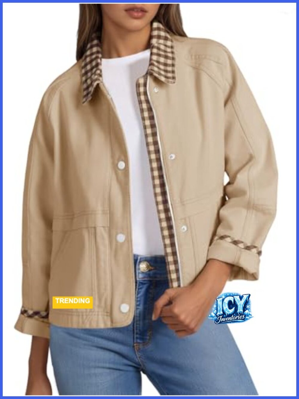 Womens Cropped Barn Jacket Zip Up Lightweight 100% Cotton Contrast Plaid Coat